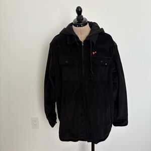 Empyre Mens Black Corduroy Hooded Shacket Jacket Heart Detail Size Small Black